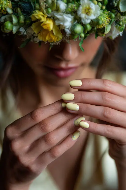 Bride’s hand adjusting a floral crown, almond nails in pastel yellow with glossy finish and tiny silver star accents