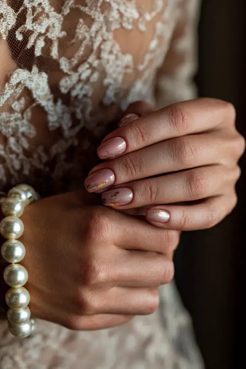 Bride’s hand adjusting a pearl bracelet, long square nails in sheer blush pink with gold foil flakes on two fingers, elegant indoor lighting