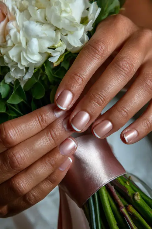 Bride’s hand adjusting satin ribbon on a bouquet, medium square nails in pale champagne with a subtle chrome finish and thin white French tips