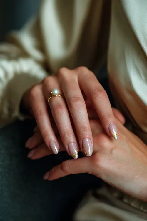Bride’s hand delicately placing a pearl earring, showcasing almond nails in soft dusty rose with tiny gold leaf foil on one accent nail, moody romantic light 