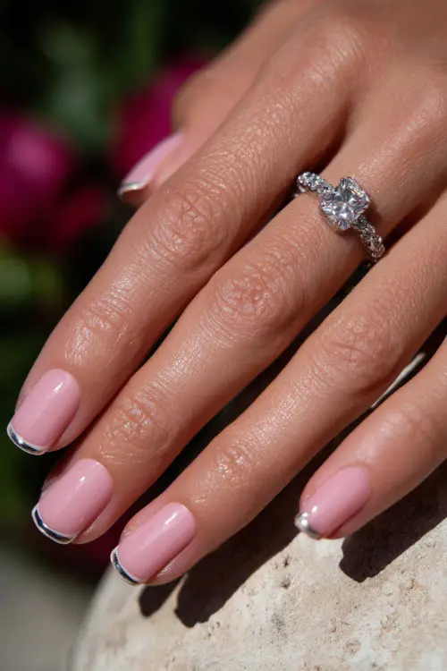 Bride’s hand delicately touching a crystal hairpin, showcasing tapered square nails in classic pale pink with a silver chrome French tip 
