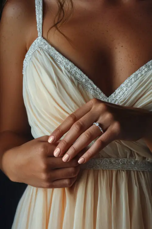 Bride’s hand gently brushing chiffon gown, soft peach oval nails with shimmer topcoat and micro pearl detail on the ring finger 