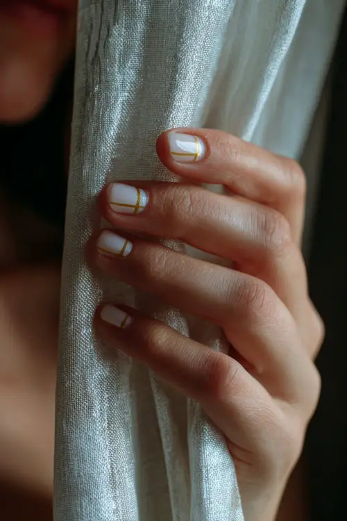 Bride’s hand gently lifting a sheer curtain, short square nails in translucent white with minimalist gold stripes across the tips, soft window light in background