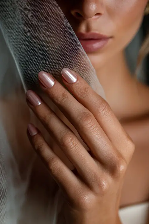 Bride’s hand gently lifting her veil, soft baby pink nails with chrome shimmer and subtle butterfly charm on the index finger 