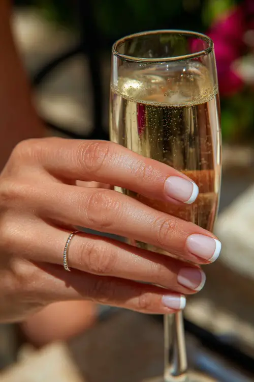Bride’s hand holding a crystal champagne flute, nails in classic French manicure with ultra-thin white tips and a glossy finish, elegant reception background blur 