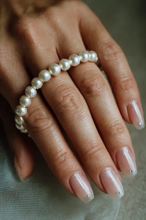 Bride’s hand holding a pearl bracelet, almond nails in sheer white with tiny crystal dots at the cuticles, elegant and timeless design 