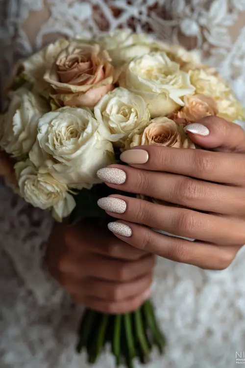 Bride’s hand holding soft rose bouquet, long almond nails in pale ivory with glossy finish and fine lace stamping on the ring fingers
