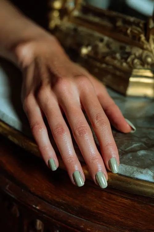 Bride’s hand on vintage vanity, medium square nails in pale sage green with minimalist gold line on two accent nails 