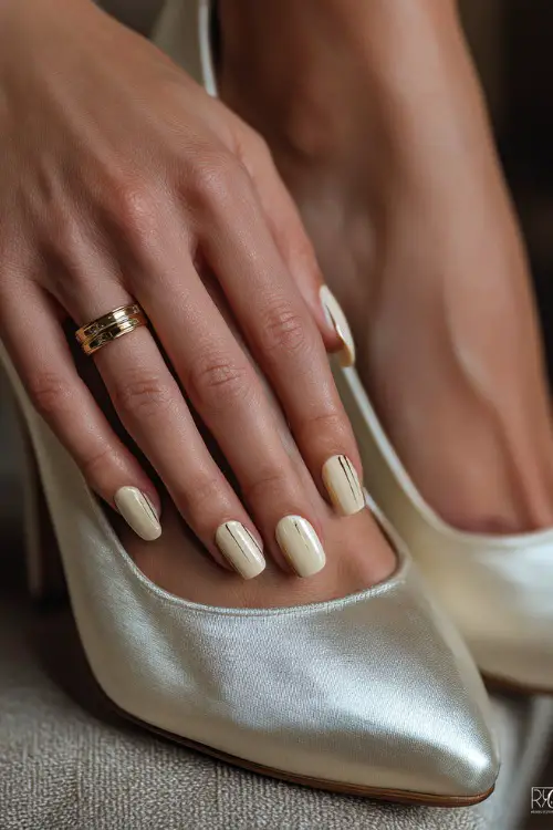 Bride’s hand resting beside wedding shoes, almond-shaped nails in creamy beige with a satin finish and minimal gold line art