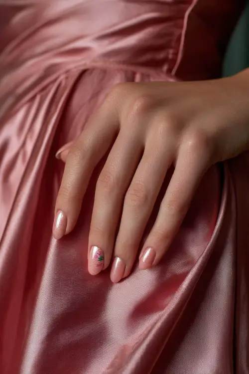 Bride’s hand resting on silk dress folds, oval nails in pastel coral with subtle shimmer gradient and one floral accent nail 