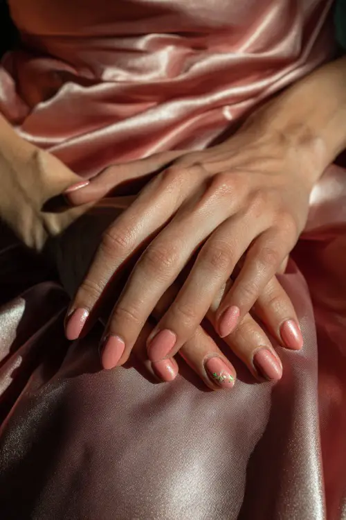 Bride’s hand resting on silk dress folds, oval nails in pastel coral with subtle shimmer gradient and one floral accent nail 