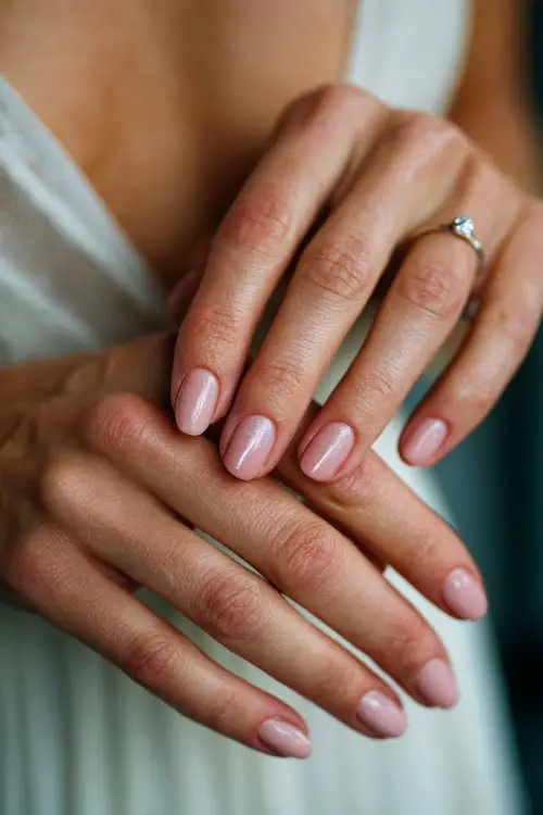 Bride’s hand tied with soft chiffon, almond nails in muted blush pink with shimmer fade and single crystal bead at the base of each nail