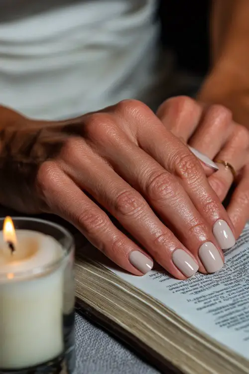 Bride’s hands resting on a book of vows, short soft beige nails with minimalist white swirl accents, cozy candlelight ambiance 