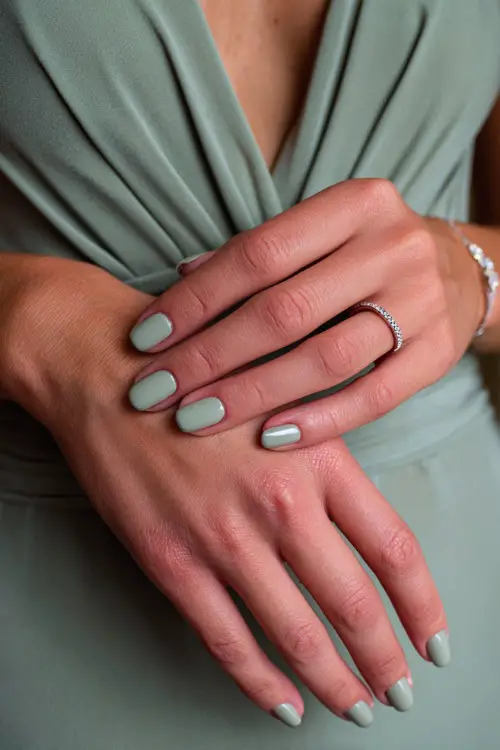 Bridesmaid adjusting her bracelet, rounded nails in pastel sage green with clear gloss, one finger featuring a tiny crystal accent