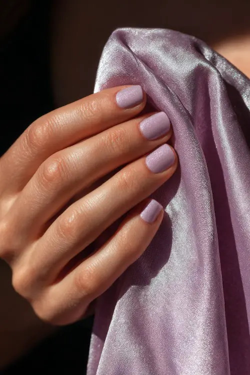 Bridesmaid’s fingers gently fanning a silk handkerchief, short square nails in shimmering lavender polish, sunlight softly highlighting the texture 