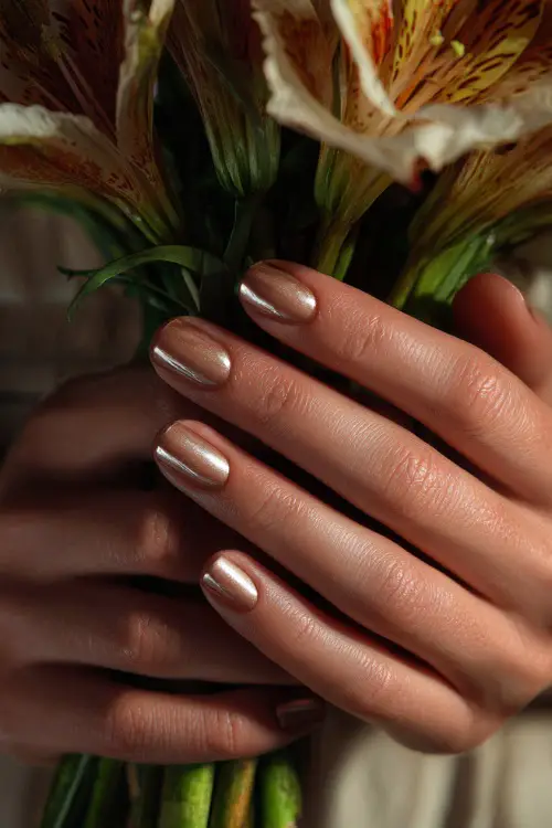 Bridesmaid’s fingers interlaced with bouquet stem, light caramel polish with chrome half-moon cuticle detail 