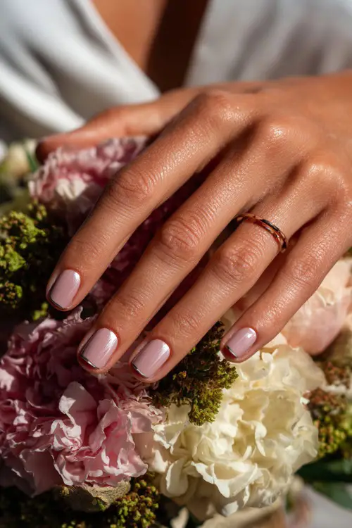 Bridesmaid’s fingers resting on a pastel floral bouquet, square nails in pale mauve with chrome French tips and smooth shine 