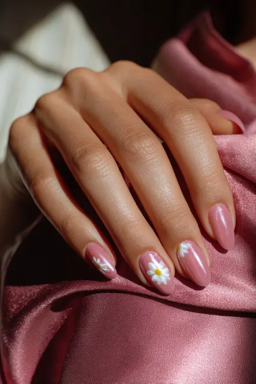 Bridesmaid’s fingers resting on a silk wrap, oval nails in sheer pink with white daisy accents and clear glossy finish, sunlight streaming in from the side 