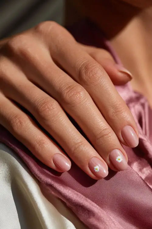Bridesmaid’s fingers resting on a silk wrap, oval nails in sheer pink with white daisy accents and clear glossy finish, sunlight streaming in from the side 