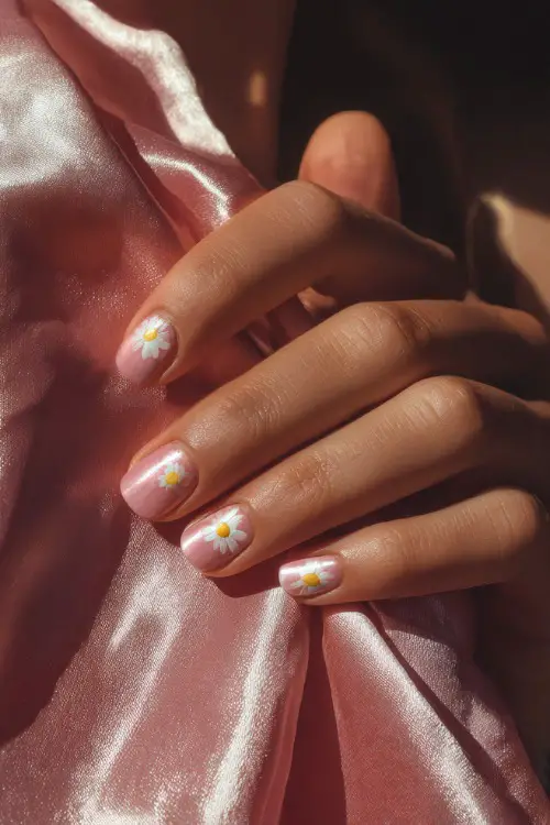 Bridesmaid’s fingers resting on a silk wrap, oval nails in sheer pink with white daisy accents and clear glossy finish, sunlight streaming in from the side
