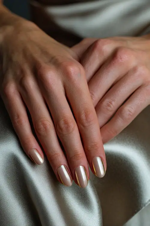 Bridesmaid’s fingers resting on satin fabric, almond-shaped nails in pale beige with fine gold striping and glossy overlay