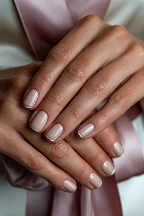 Bridesmaid’s fingers tied with satin ribbon, light beige glossy nails with diagonal silver chrome tips, soft light background 