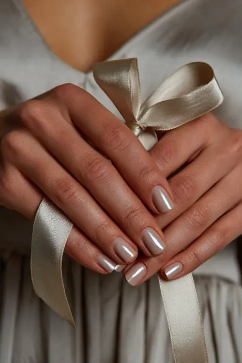 Bridesmaid’s fingers tied with satin ribbon, light beige glossy nails with diagonal silver chrome tips, soft light background