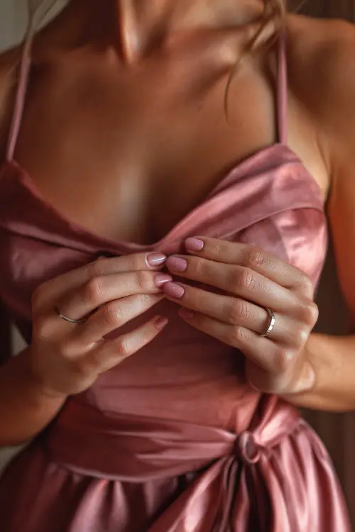 Bridesmaid’s hand adjusting her dress strap, medium-length oval nails in pastel mauve with a shimmer topcoat 