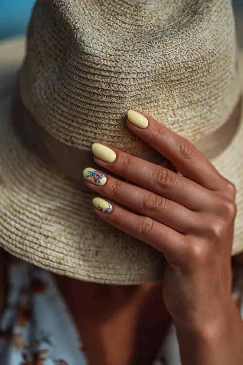Bridesmaid’s hand adjusting her sunhat, short ballerina nails in pastel yellow with glossy finish and tiny floral decals on two fingers
