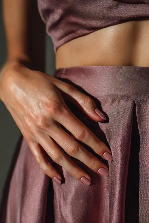 Bridesmaid’s hand brushing skirt fabric, ballerina-shaped nails in muted rose with a minimalist metallic arc near the tip, daylight glow from the side