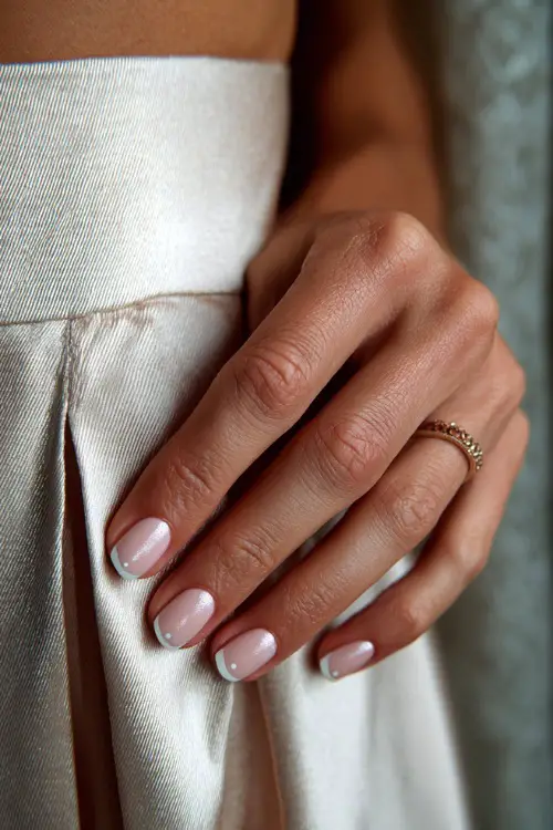 Bridesmaid’s hand gently lifting the hem of her dress, square-shaped nails in blush beige with pearlescent shimmer and minimal white dot art near the base