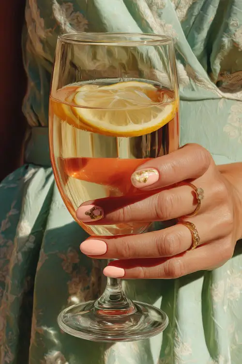 Bridesmaid’s hand holding a glass of lemonade, oval nails in pastel pink with a diagonal ombré fade to light coral and gold foil accents