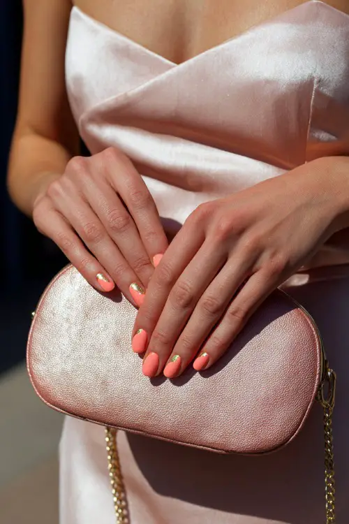 Bridesmaid’s hand on pastel clutch bag, rounded nails painted in pale coral with gold foil accents on two fingers