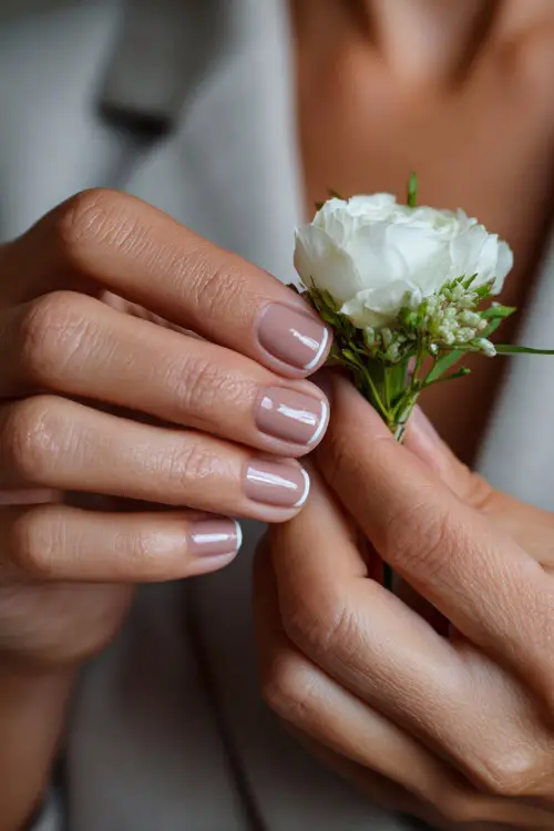 Bridesmaid’s hand placing a boutonnière, soft taupe-colored nails with minimalist white line detail on the ring finger 