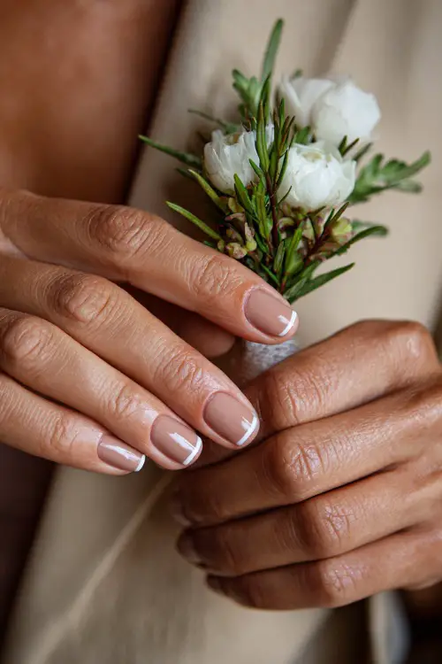 Bridesmaid’s hand placing a boutonnière, soft taupe-colored nails with minimalist white line detail on the ring finger