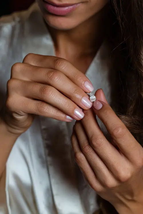 Bridesmaid’s hand placing earring on vanity, medium-length nails in creamy pink with clear gloss and a tiny bow charm on the ring finger 
