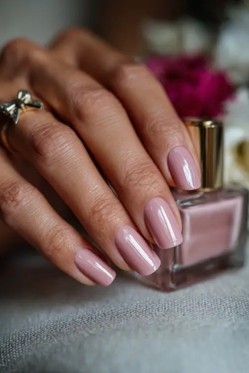 Bridesmaid’s hand placing earring on vanity, medium-length nails in creamy pink with clear gloss and a tiny bow charm on the ring finger