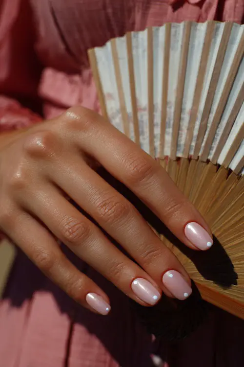 Bridesmaid’s hand resting beside a wedding program fan, oval nails in sheer pastel rose with pearl shimmer and minimalist white dots at the cuticle 