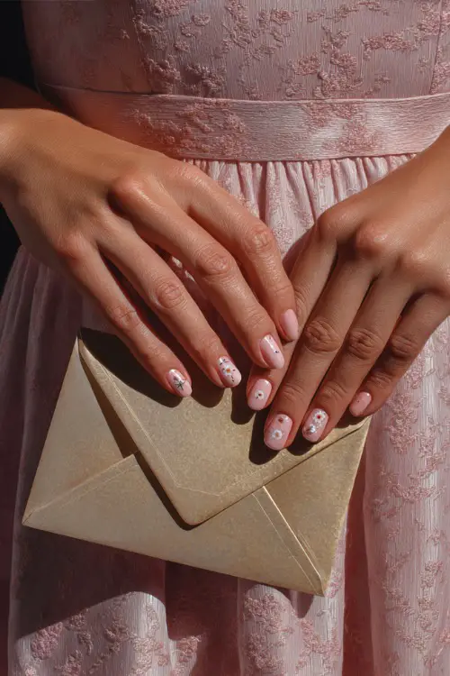 Bridesmaid’s hand resting on a gold invitation envelope, sheer pink jelly nails with tiny floral decals and one pearl accent 
