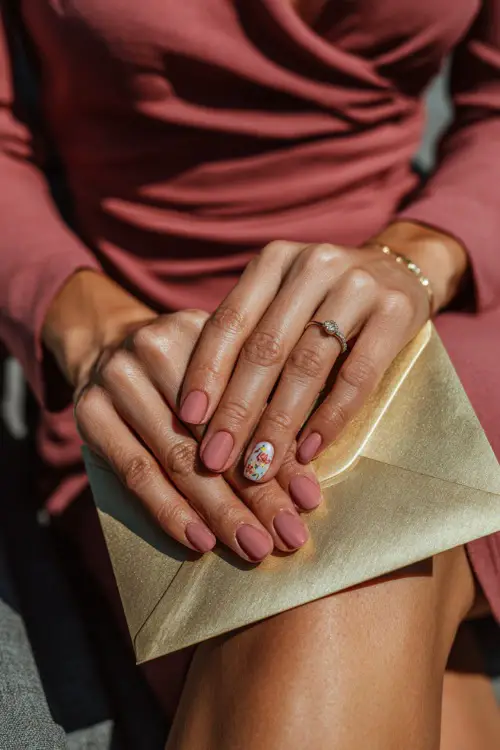 Bridesmaid’s hand resting on a gold invitation envelope, sheer pink jelly nails with tiny floral decals and one pearl accent 