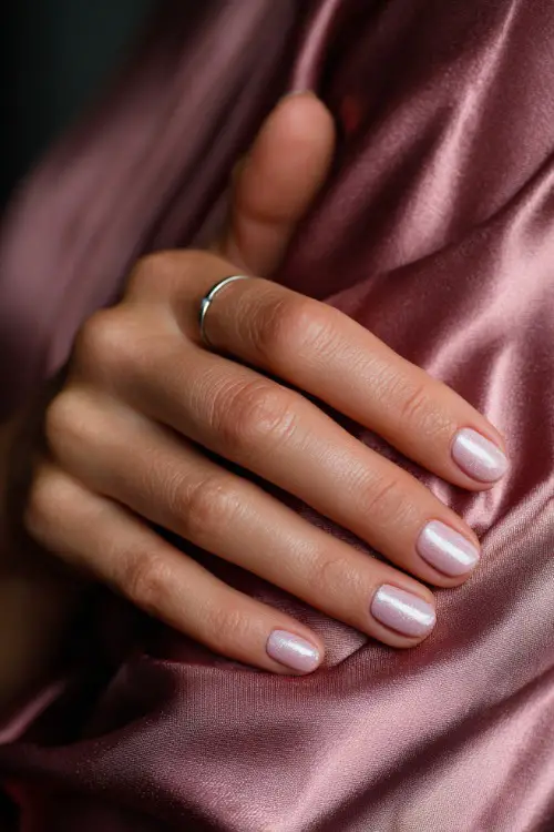 Bridesmaid’s hand resting on satin dress fabric, square nails painted in pastel lilac with a shimmer topcoat and a silver crescent line near the cuticle 