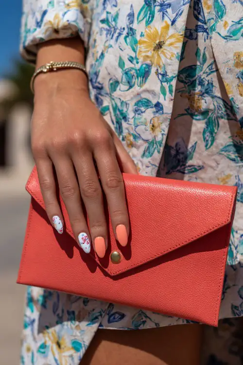 Close-up of a guest’s hand holding a summer clutch, short almond nails in pastel coral with glossy finish and white floral decal on one accent finger 