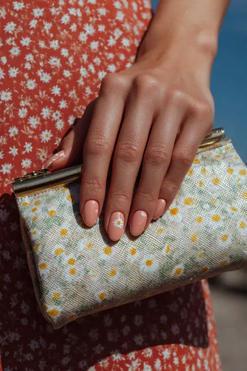 Close-up of a guest’s hand holding a summer floral clutch, short rounded nails in pastel peach with glossy finish and tiny white daisy accents 