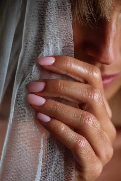 Close-up of bride’s hand brushing aside her veil, square nails in sheer baby pink with a glossy glass finish, timeless and clean 