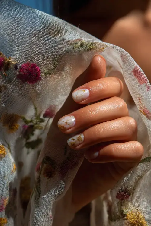 Close-up of bride’s hand holding a sheer tulle fabric, featuring milky white jelly nails with pressed dried flowers inside, soft natural lighting