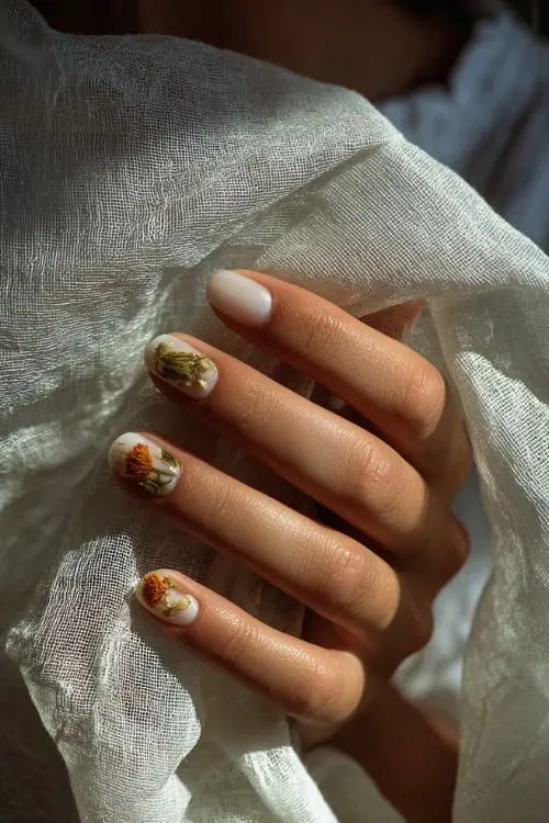 Close-up of bride’s hand holding a sheer tulle fabric, featuring milky white jelly nails with pressed dried flowers inside