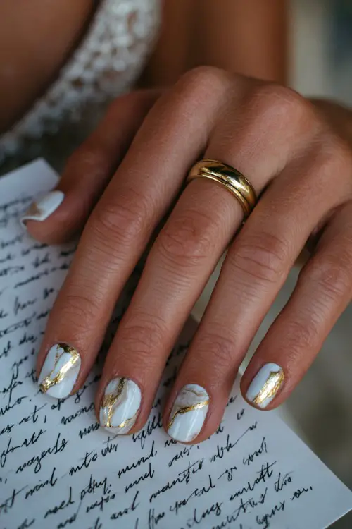 Close-up of bride’s hand holding handwritten vows, medium-length acrylic nails in marble white with gold foil swirls and shiny topcoat 