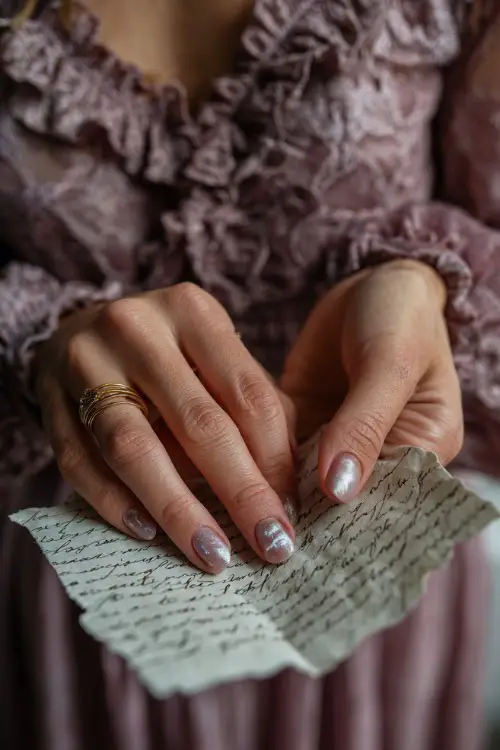 Close-up of bride’s hand holding handwritten vows, short oval nails in pastel lilac with marble swirl and pearl finish 