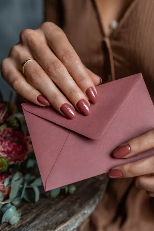 Close-up of bride’s hand placing wedding invitation in envelope, short almond nails in dusty rose with a glossy finish, elegant flat lay setting 