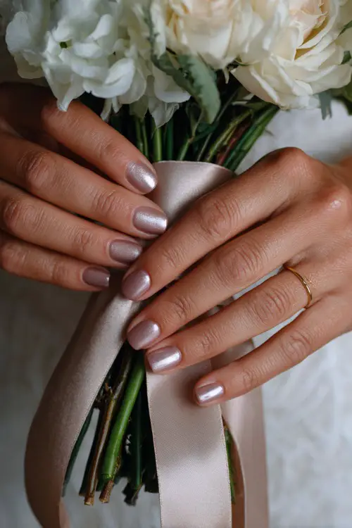 Close-up of bride’s hands tying a ribbon on her bouquet, nails in pale mauve with chrome pearl topcoat and minimal gold line art 